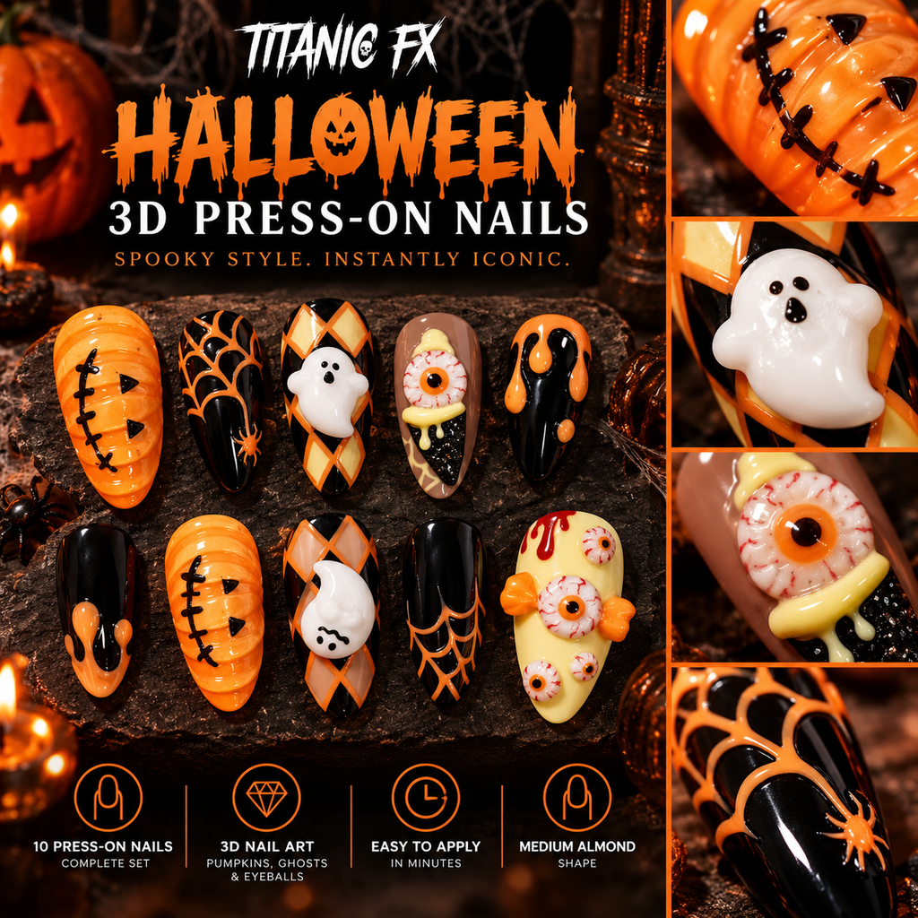 Halloween 3D Press-On Nails – Pumpkins, Ghosts & Eyeballs