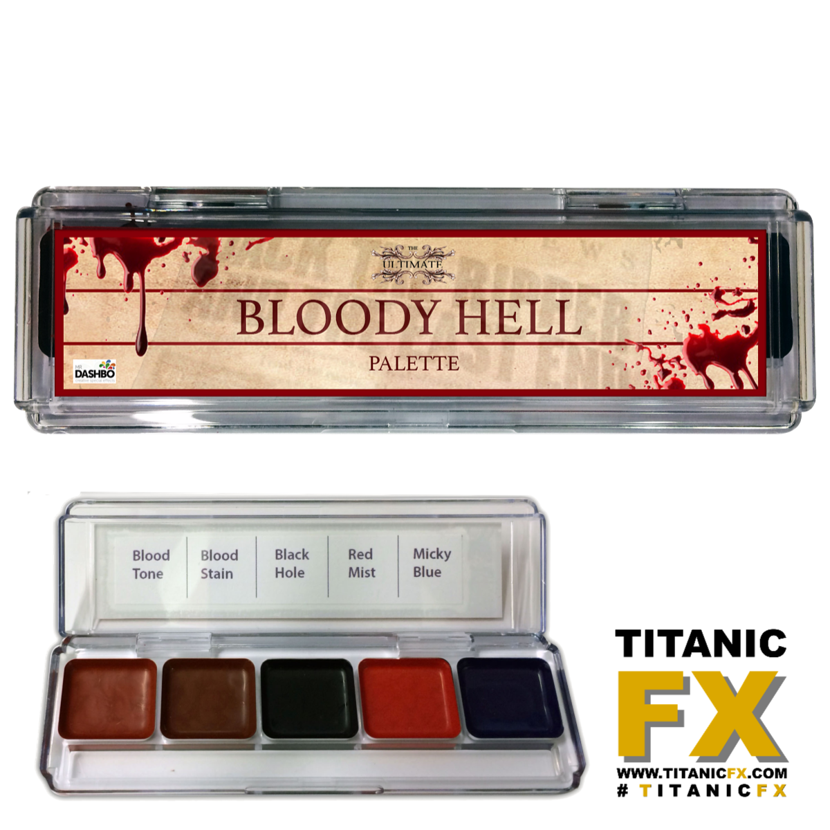 Dashbo FX - The Ultimate Bloody Hell Palette, Paints, Dashbo, Titanic FX, Titanic FX Store, Prosthetic, Makeup, MUA, SFX, FX Makeup, Belfast, UK, Europe, Northern Ireland, NI